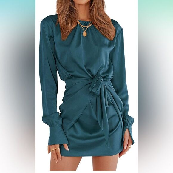 HP!!! Satin Dress Long Sleeve Crewneck Elastic Tie Waist Cocktail Mini Dress - Picture 1 of 8